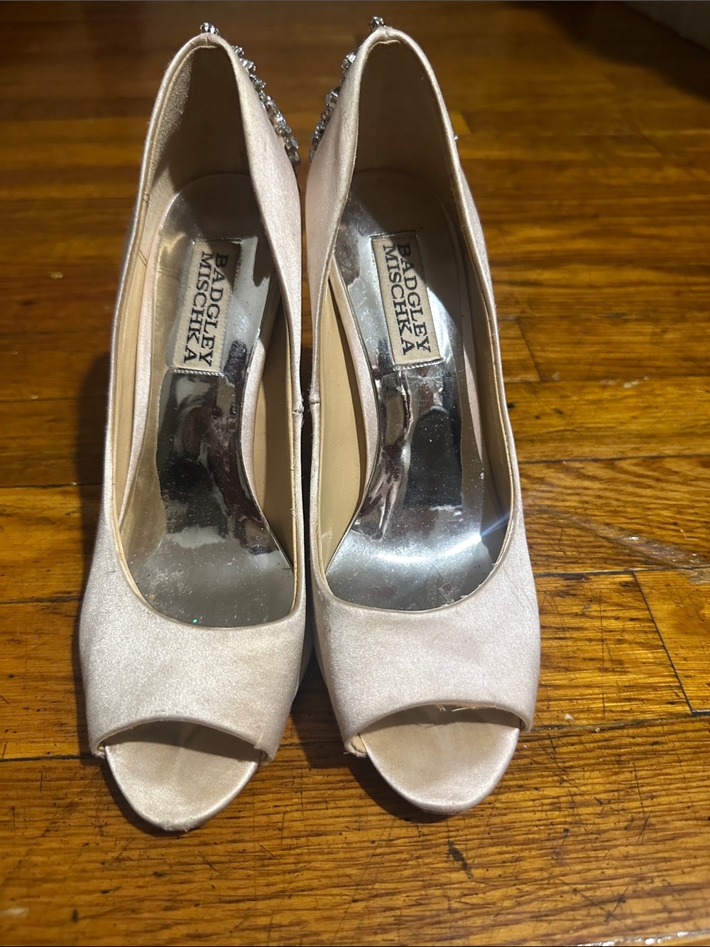 Badgley Mischka Champagne Satin Open-Toe  Heels with Rhinestone Detail